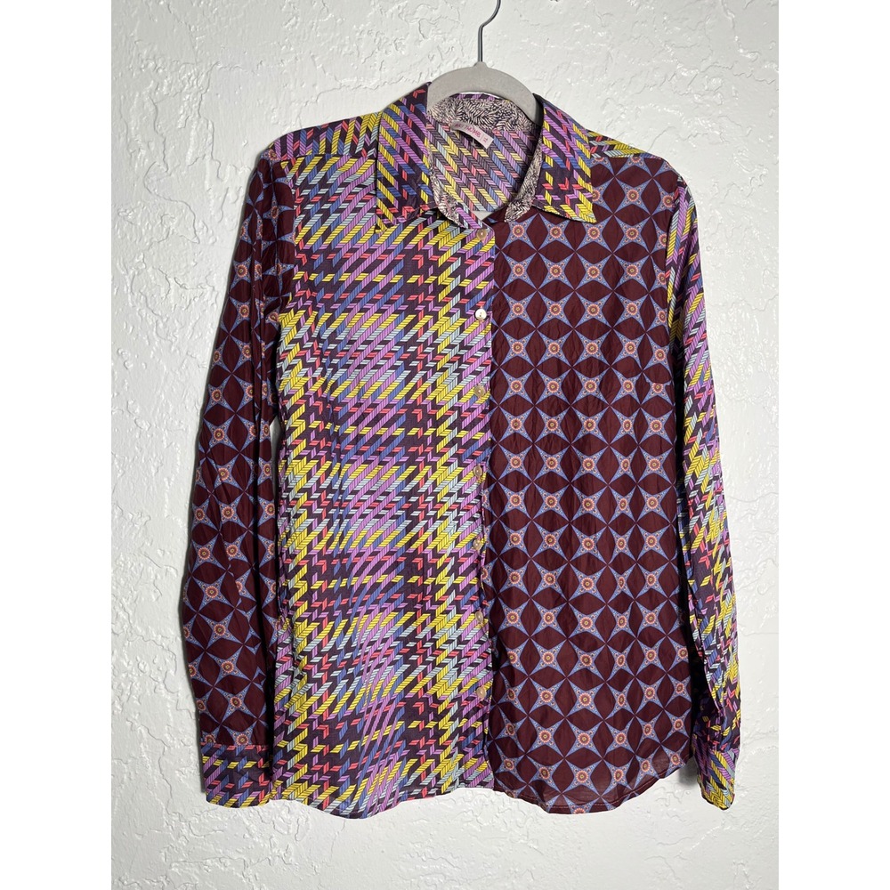 Miki Thumb Italy Mixed Geometric Print Cotton Button Down Shirt Womens XL Maroon